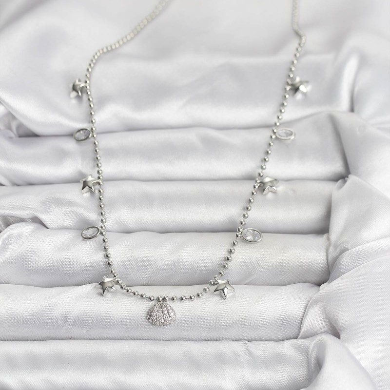 Pirinç Gümüş Renk Zirkon Taşlı Deniz Kabuğu Model Kadın Kolye