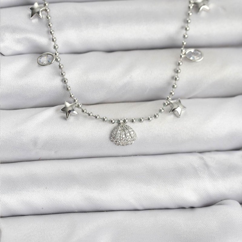 Pirinç Gümüş Renk Zirkon Taşlı Deniz Kabuğu Model Kadın Kolye