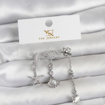 Pirinç Gümüş Renk Zirkon Taşlı Deniz Temalı 3'lü Kadın Küpe