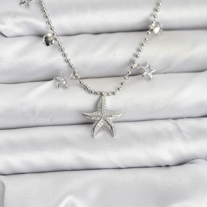 Pirinç Gümüş Renk Zirkon Taşlı Deniz Yıldızı Model Kadın Kolye