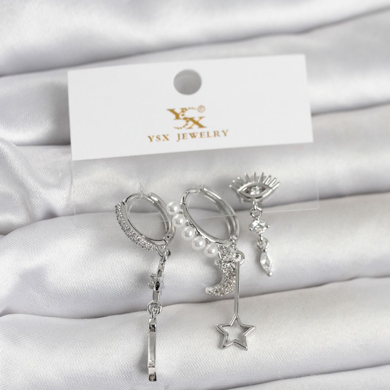 Pirinç Gümüş Renk Zirkon Taşlı Gece Temalı 3'lü Kadın Küpe