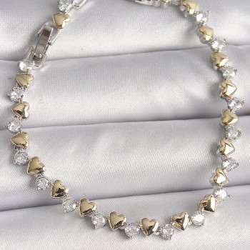 Pirinç Gümüş Renk Zirkon Taşlı Gold Kalpli VIP Seri Kadın Bileklik