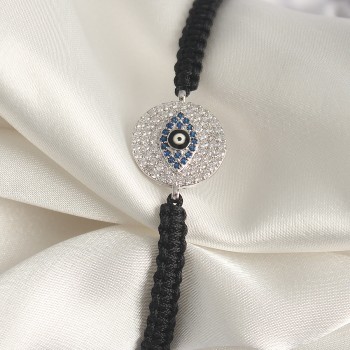 Pirinç Gümüş Renk Zirkon Taşlı Göz İşlemeli Figür Asansörlü Makrome Model Kadın Bileklik