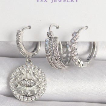 Pirinç Gümüş Renk Zirkon Taşlı Göz İşlemeli Halka Model 3'Lü Kadın Kombin Küpe