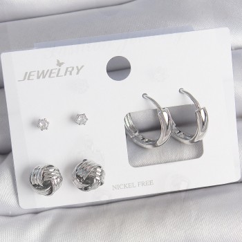 Pirinç Gümüş Renk Zirkon Taşlı Halka Model 3 Çift Kadın Küpe Seti