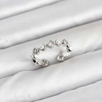 Pirinç Gümüş Renk Zirkon Taşlı İncili Kadın Yüzük