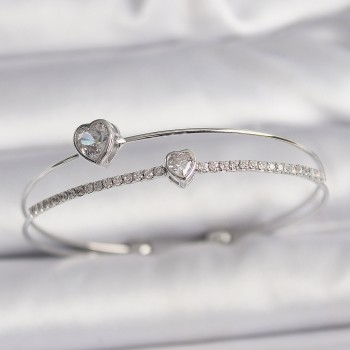 Pirinç Gümüş Renk Zirkon Taşlı Kalp Model Kadın Bileklik