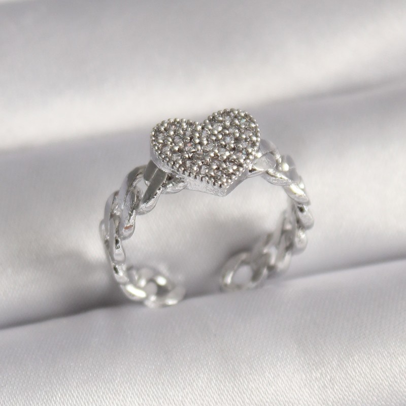 Pirinç Gümüş Renk Zirkon Taşlı Kalp Model Kadın Yüzük