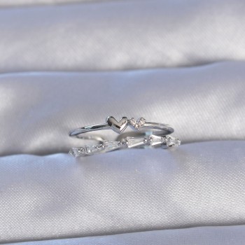 Pirinç Gümüş Renk Zirkon Taşlı Kalpli 2li Görünüm Ayarlanabilir Yüzük