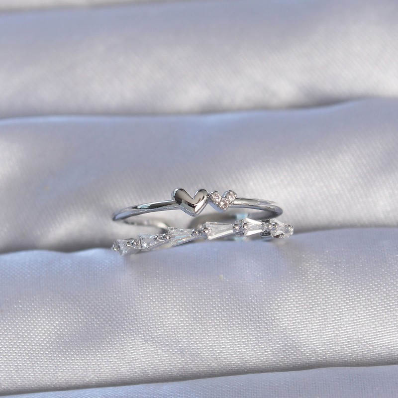 Pirinç Gümüş Renk Zirkon Taşlı Kalpli 2li Görünüm Ayarlanabilir Yüzük