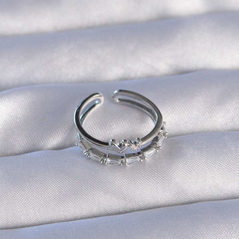 Pirinç Gümüş Renk Zirkon Taşlı Kalpli 2li Görünüm Ayarlanabilir Yüzük