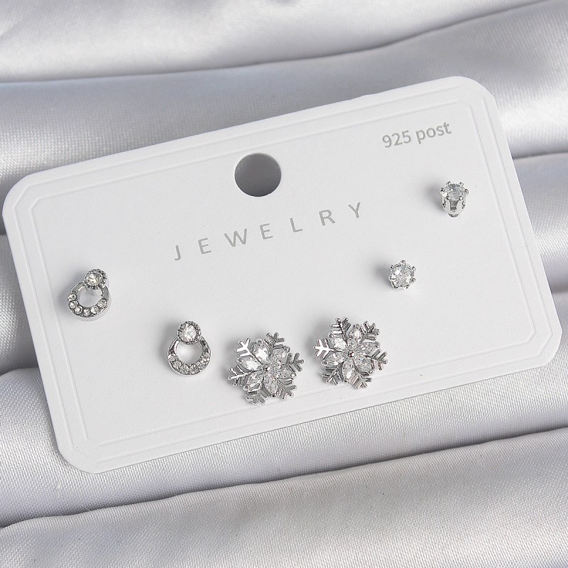 Pirinç Gümüş Renk Zirkon Taşlı Kar Tanesi Model 925 Ayar Gümüş Çivi Kadın Küpe Seti