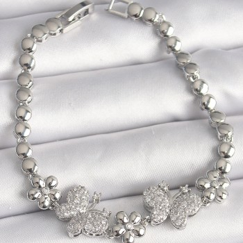 Pirinç Gümüş Renk Zirkon Taşlı Kelebek Figür Çiçek Zincir Model Kadın Bileklik