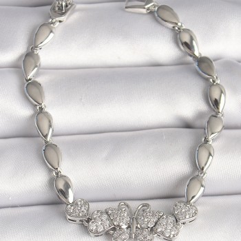 Pirinç Gümüş Renk Zirkon Taşlı Kelebek Figür Damla Zincir Model Kadın Bileklik