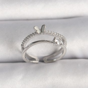 Pirinç Gümüş Renk Zirkon Taşlı Kelebek Figürlü Ayarlanabilir Yüzük