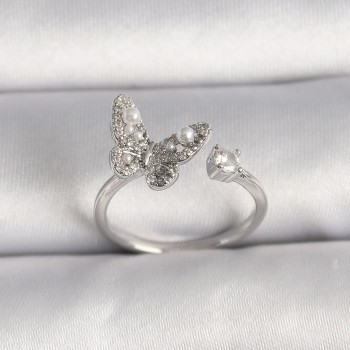 Pirinç Gümüş Renk Zirkon Taşlı Kelebek Model İnci Detay Ayarlanabilir Yüzük