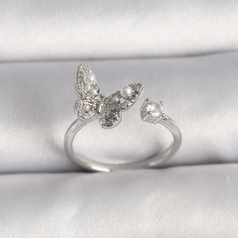 Pirinç Gümüş Renk Zirkon Taşlı Kelebek Model İnci Detay Ayarlanabilir Yüzük