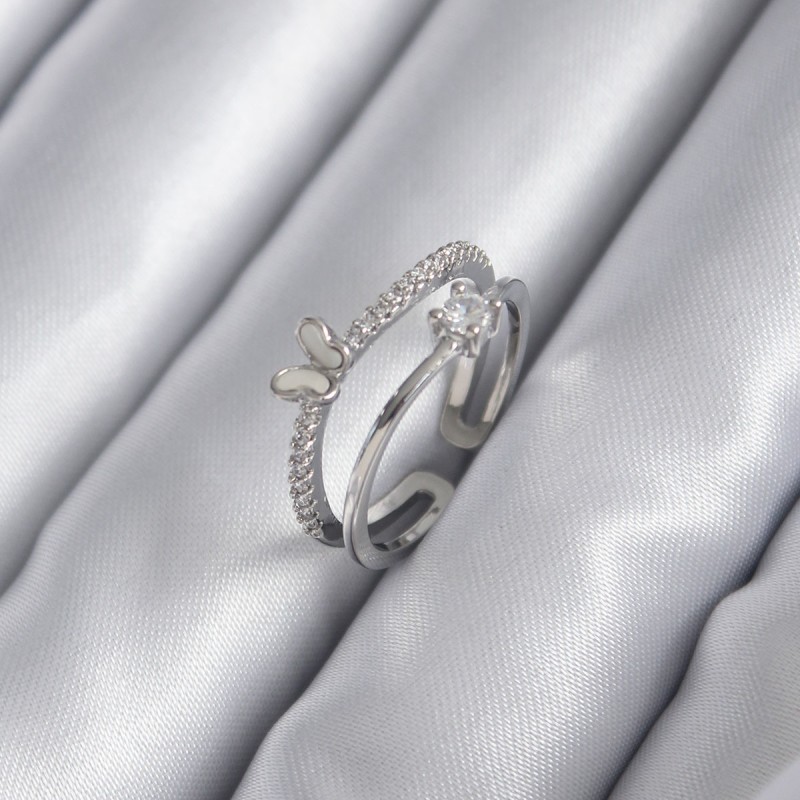 Pirinç Gümüş Renk Zirkon Taşlı Kelebek Model Kadın Yüzük