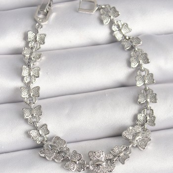 Pirinç Gümüş Renk Zirkon Taşlı Kelebek Model Zincir Kadın Bileklik