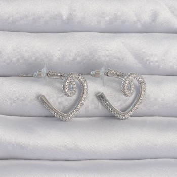 Pirinç Gümüş Renk Zirkon Taşlı Kıvrımlı Yarım Kalp Küpe