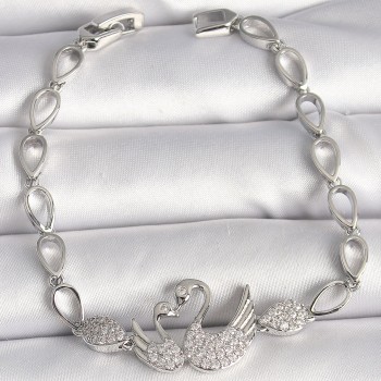 Pirinç Gümüş Renk Zirkon Taşlı Kuğu Figür Damla Zincir Model Kadın Bileklik