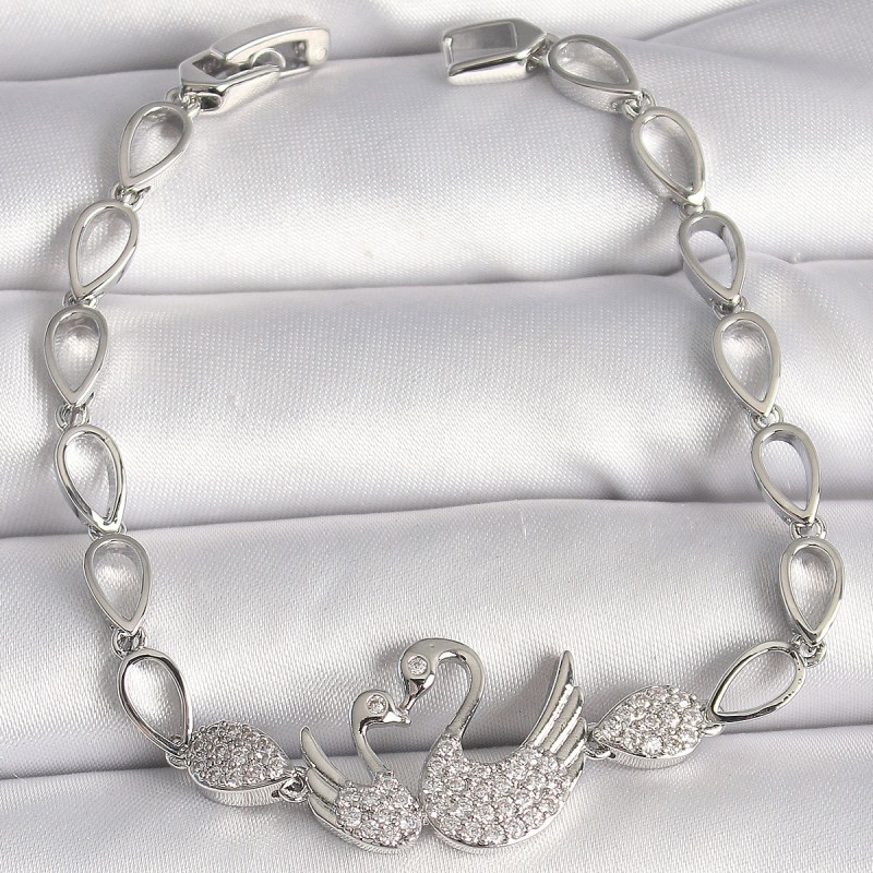 Pirinç Gümüş Renk Zirkon Taşlı Kuğu Figür Damla Zincir Model Kadın Bileklik