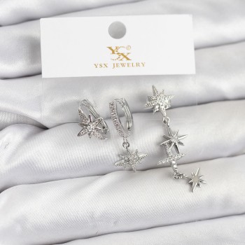 Pirinç Gümüş Renk Zirkon Taşlı Kutup Yıldızı Model YSX Trio Küpe Seti