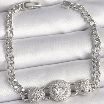 Pirinç Gümüş Renk Zirkon Taşlı Leopar Figür Zincir Model Kadın Bileklik