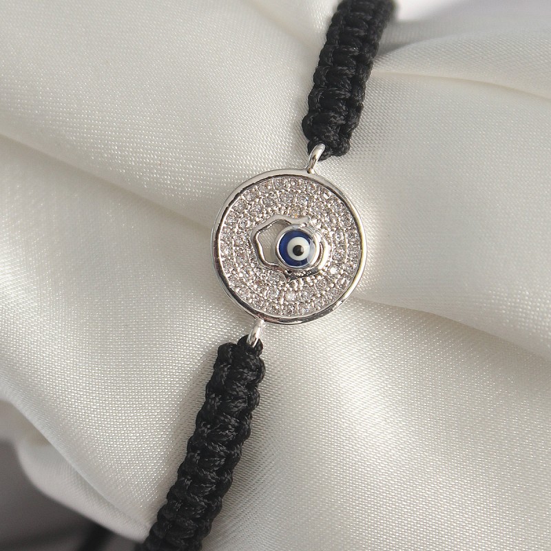 Pirinç Gümüş Renk Zirkon Taşlı Nazar Boncuk İşleme Makrome Asansörlü Model Kadın Bileklik