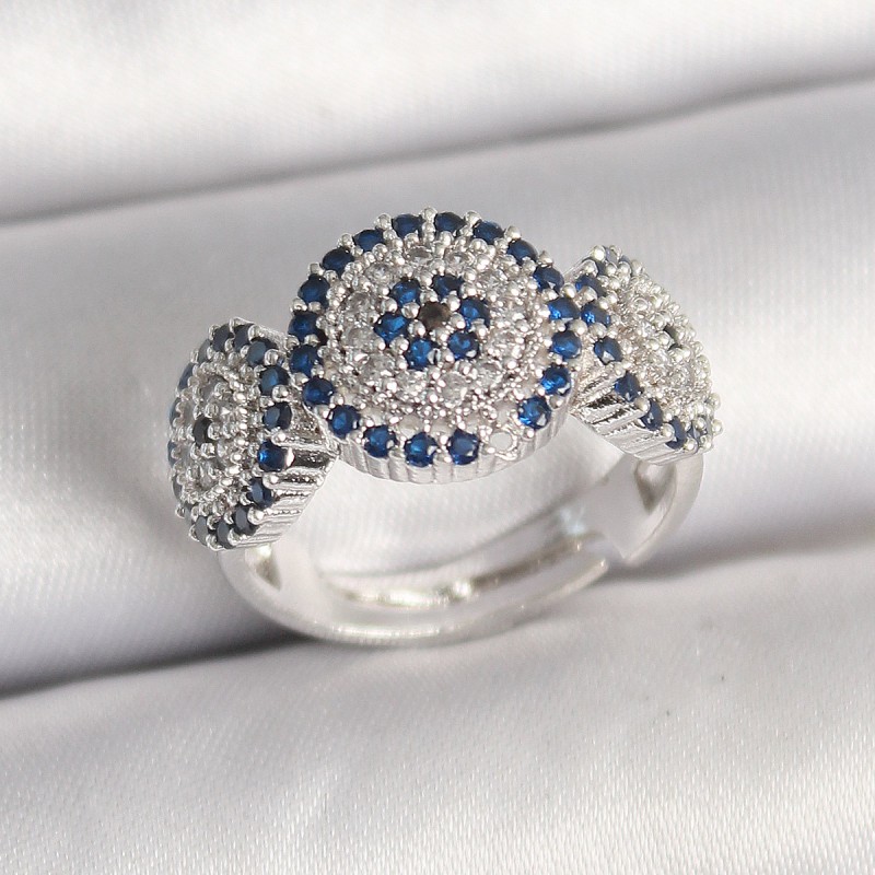 Pirinç Gümüş Renk Zirkon Taşlı Nazar Boncuk Model Ayarlanabilir Kadın Yüzük