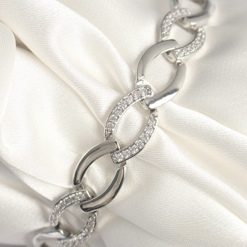 Pirinç Gümüş Renk Zirkon Taşlı Oval Zincir Model Kadın Bileklik