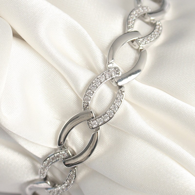 Pirinç Gümüş Renk Zirkon Taşlı Oval Zincir Model Kadın Bileklik