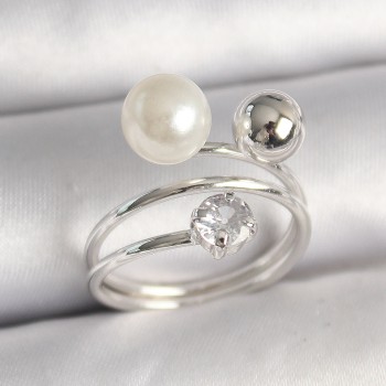 Pirinç Gümüş Renk Zirkon Taşlı Toplu İnci Model Kadın Yüzük