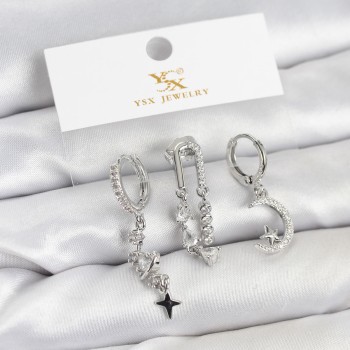 Pirinç Gümüş Renk Zirkon Taşlı Uzay Model YSX Trio Küpe Seti