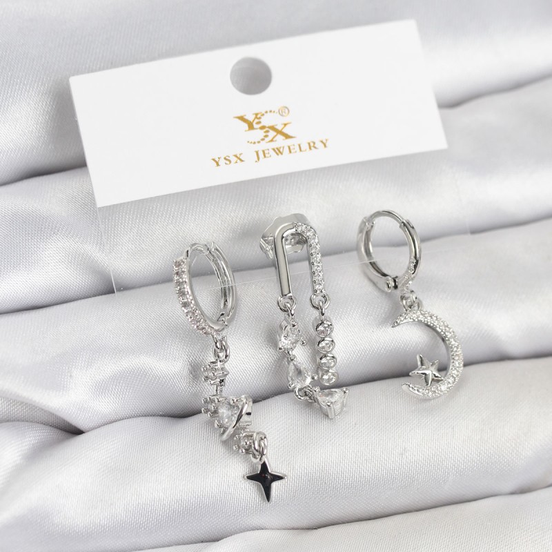 Pirinç Gümüş Renk Zirkon Taşlı Uzay Model YSX Trio Küpe Seti