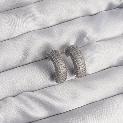 Pirinç Gümüş Renk Zirkon Taşlı Yarım Halka Küpe