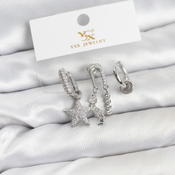 Pirinç Gümüş Renk Zirkon Taşlı Yıldız Vintage Model YSX Trio Küpe Seti