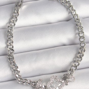 Pirinç Gümüş Renk Zirkon Taşlı Yonca Figür Zincir Model Kadın Bileklik