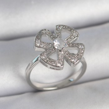 Pirinç Gümüş Renk Zirkon Taşlı Yonca Model Ayarlanabilir Kadın Yüzük