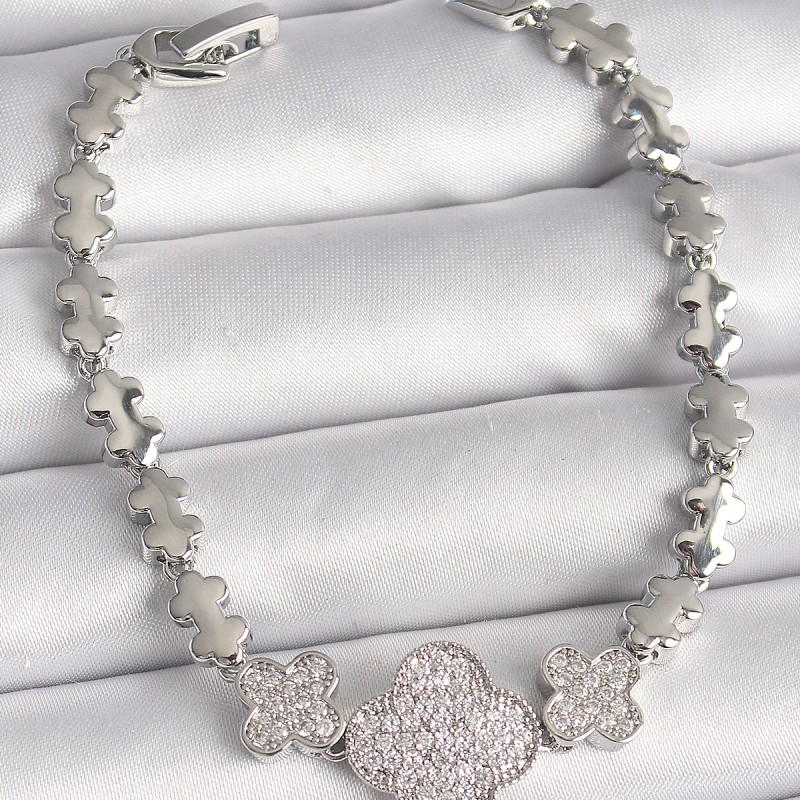 Pirinç Gümüş Renk Zirkon Taşlı Yonca Model Zincir Model Kadın Bileklik