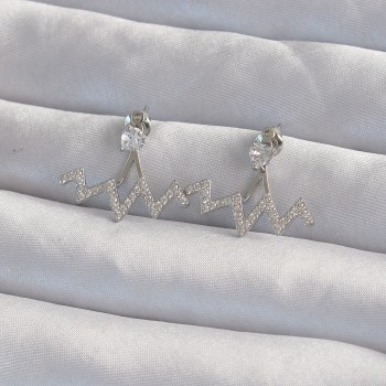 Pirinç Gümüş Renk Zirkon Taşlı Zikzak Küpe