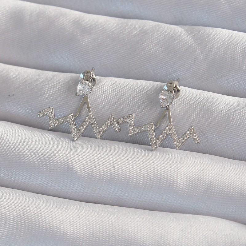 Pirinç Gümüş Renk Zirkon Taşlı Zikzak Küpe