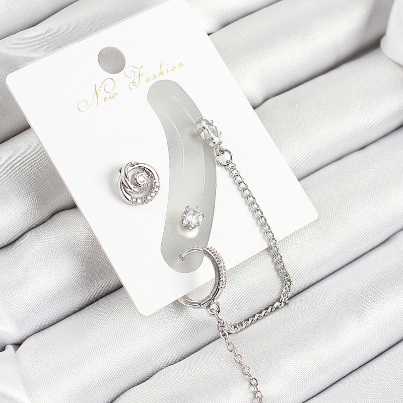 Pirinç Halka Figürlü Zirkon Taşlı Gümüş Renk 3'lü Kıkırdak Kadın Küpe Set