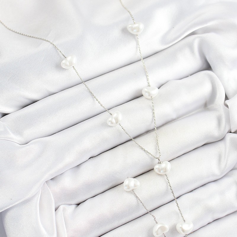 Pirinç İncili Kalp Figürlü Y Model Gümüş Renk Kadın Kolye