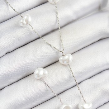 Pirinç İncili Kalp Figürlü Y Model Gümüş Renk Kadın Kolye