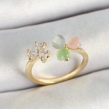 Pirinç Kalp Figürlü Zirkon Taşlı Gold Renk Ayarlanabilir Kadın Yüzük