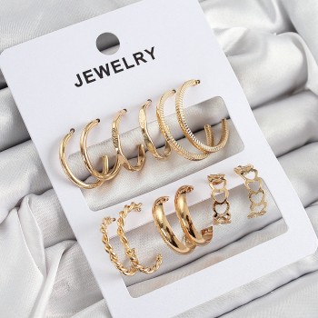 Pirinç Karışık Halka Model Gold Renk 6 Çift Kadın Küpe Set