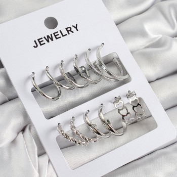 Pirinç Karışık Halka Model Gümüş Renk 6 Çift Kadın Küpe Set