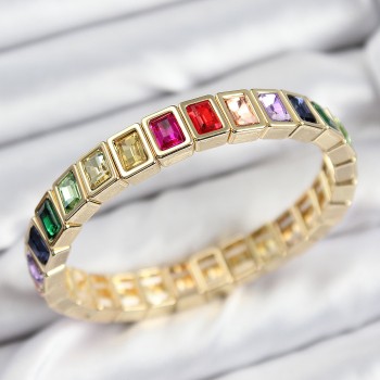 Pirinç Karışık Zirkon Taşlı Dikdörtgen Model Gold Renk Lastikli Kadın Bileklik