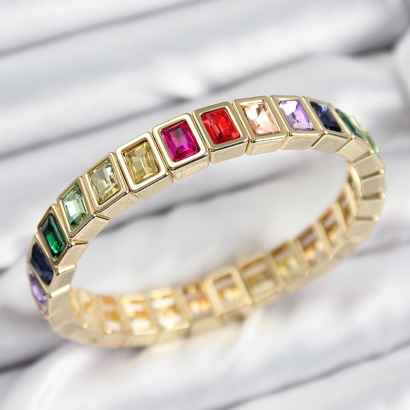 Pirinç Karışık Zirkon Taşlı Dikdörtgen Model Gold Renk Lastikli Kadın Bileklik